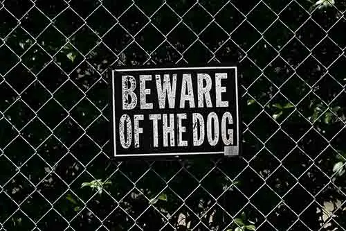 This image shows a beware of dog sign. A Garden City dog bite lawyer can provide owners of aggressive or fearful pets with helpful information.